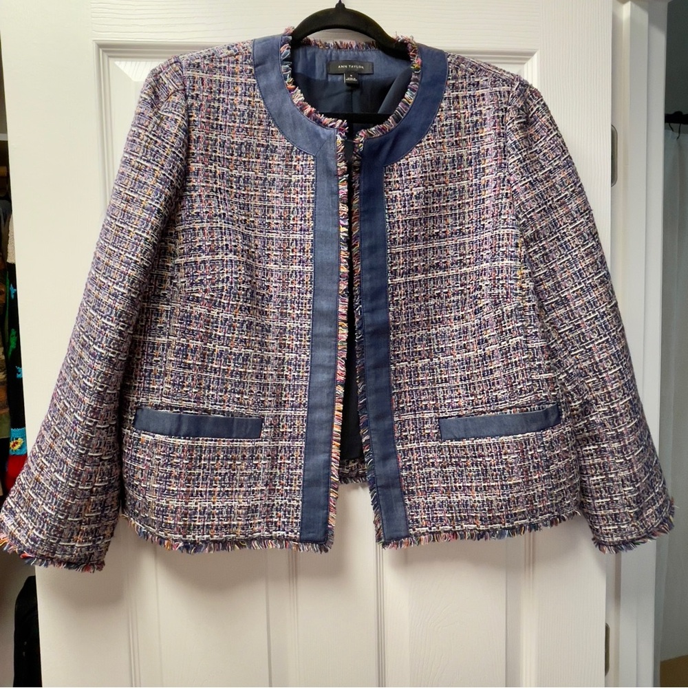 Ann Taylor Tweed Blazer Navy & Fringe Jacket Academia Old Money Tailored Preppy
